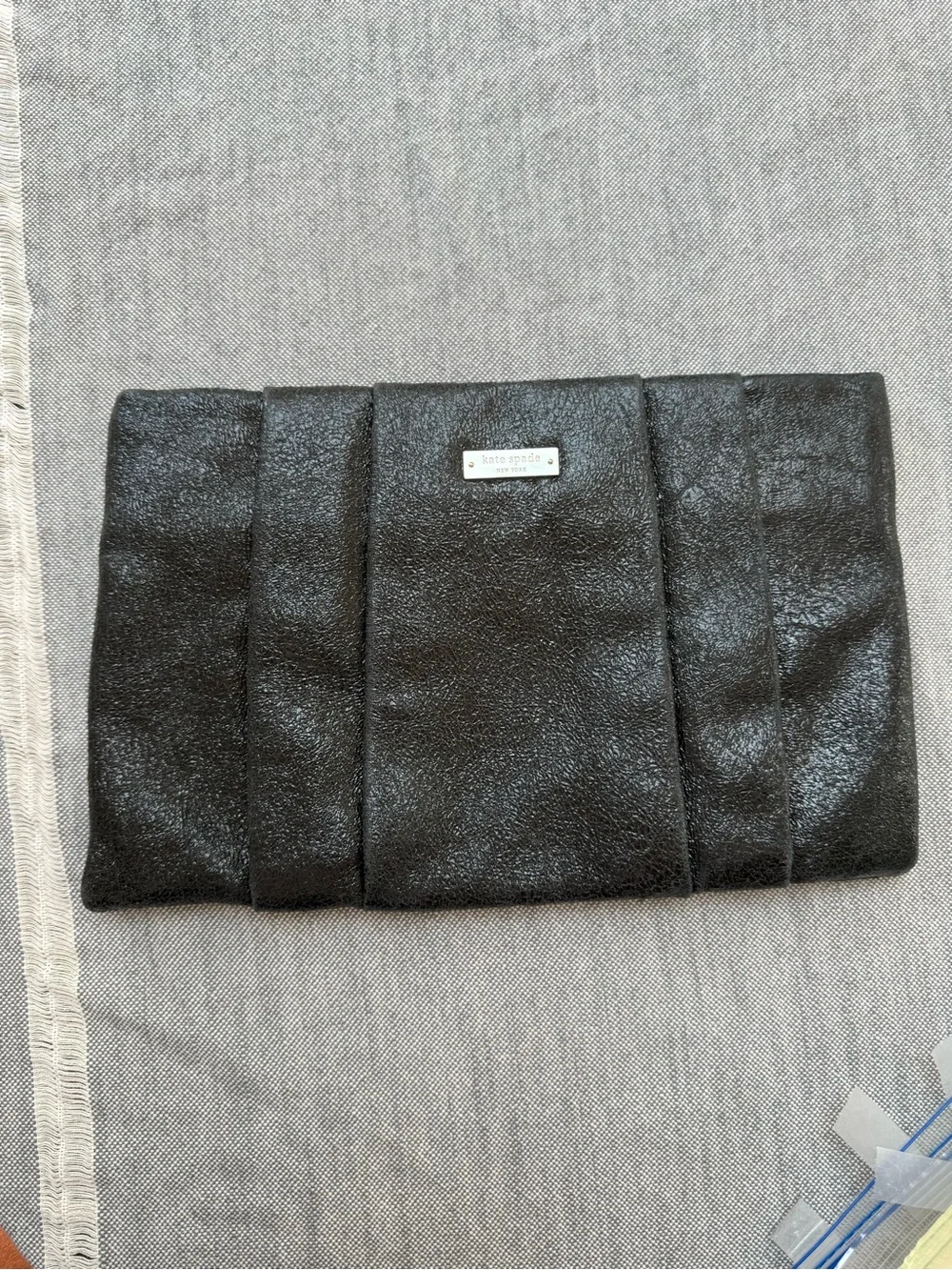 kate spade Black Textured Leather Clutch Purse Large 12”x8” Flex Spring Closure